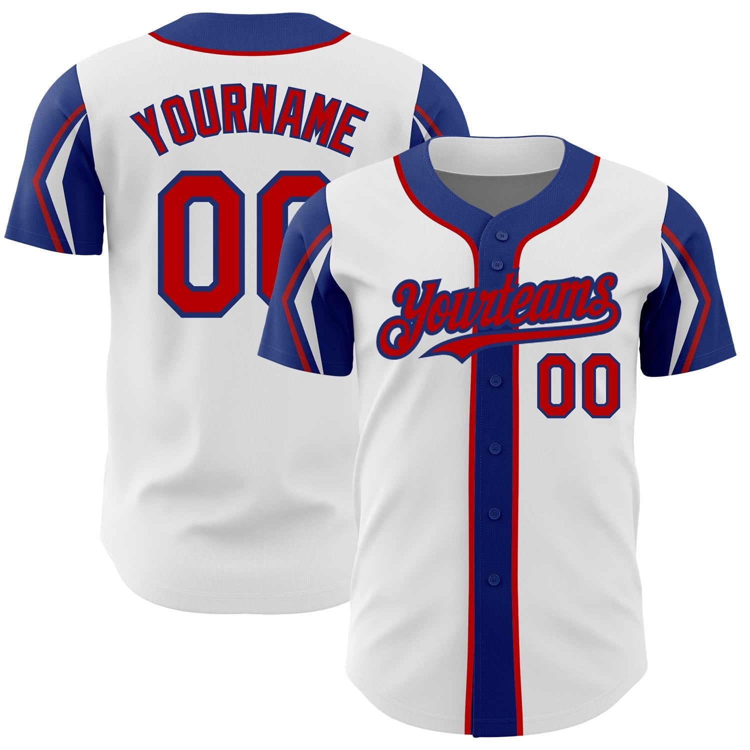 Custom White Red-Royal 3 Colors Arm Shapes Authentic Baseball Jersey - Main View