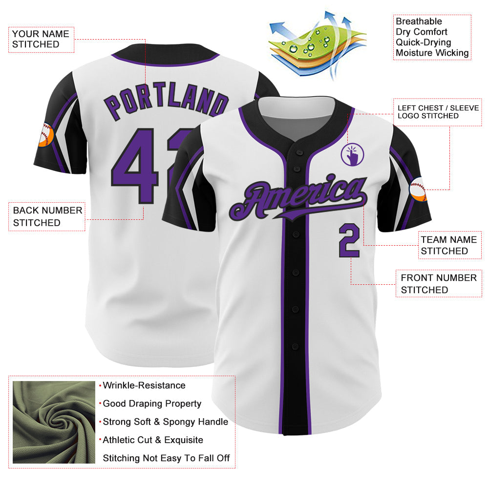 Custom White Purple-Black 3 Colors Arm Shapes Authentic Baseball Jersey view 4