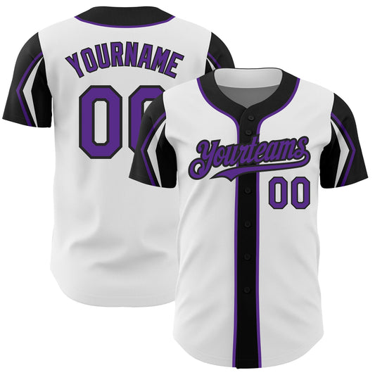 Custom White Purple-Black 3 Colors Arm Shapes Authentic Baseball Jersey - Main View