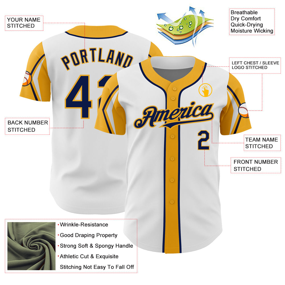 Custom White Navy-Gold 3 Colors Arm Shapes Authentic Baseball Jersey view 4