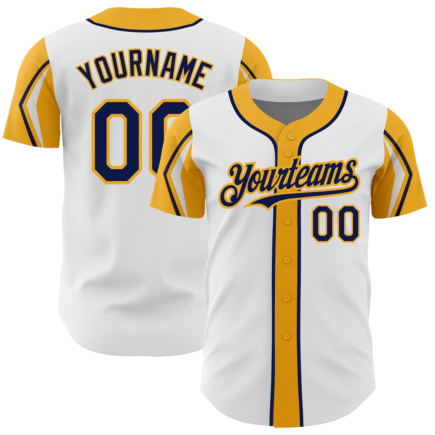 Custom White Navy-Gold 3 Colors Arm Shapes Authentic Baseball Jersey - Main View