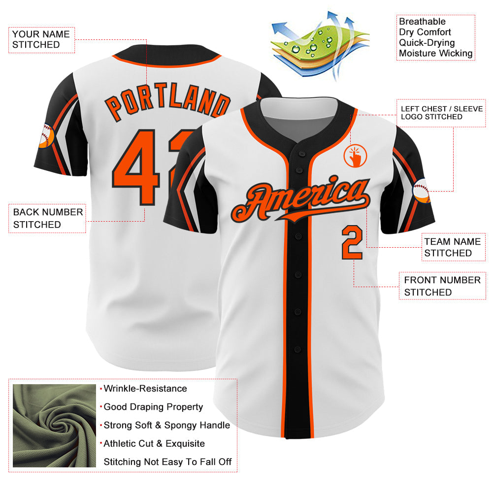 Custom White Orange-Black 3 Colors Arm Shapes Authentic Baseball Jersey view 4