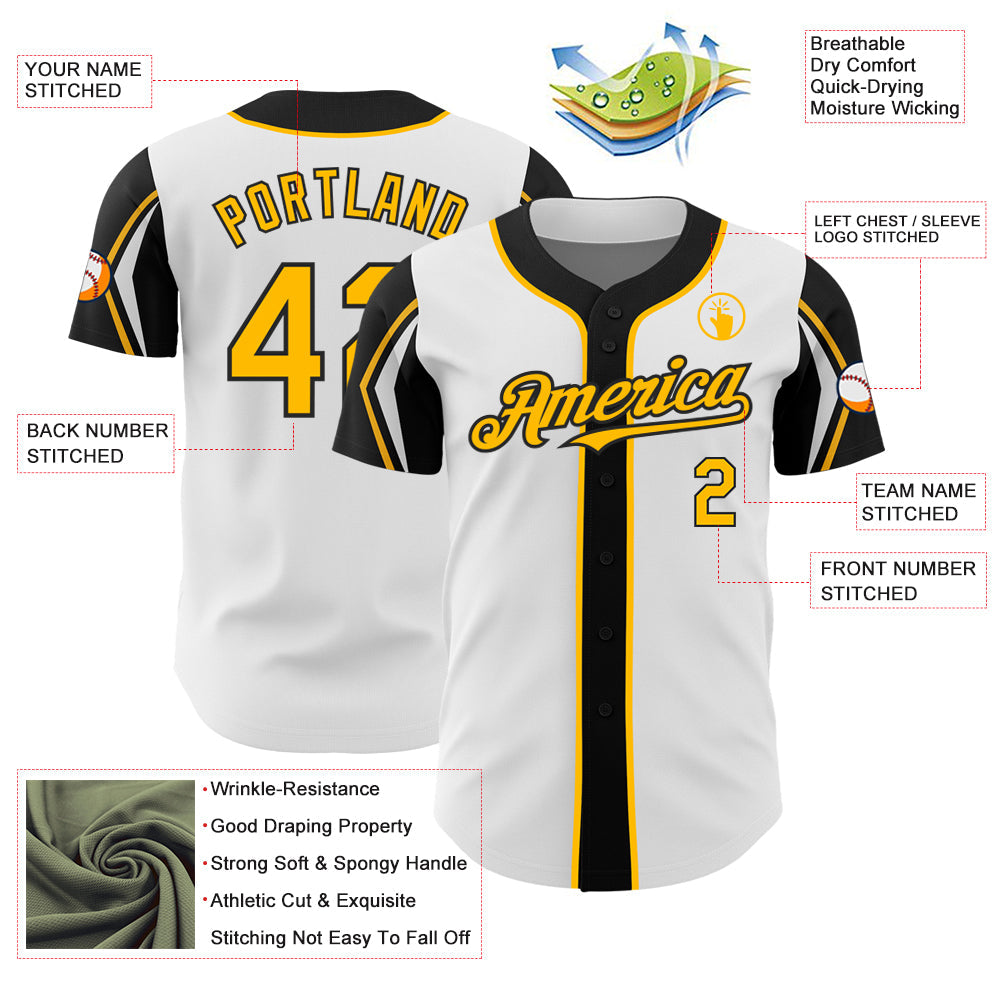 Custom White Gold-Black 3 Colors Arm Shapes Authentic Baseball Jersey view 4
