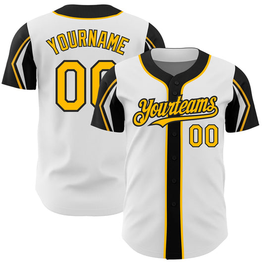 Custom White Gold-Black 3 Colors Arm Shapes Authentic Baseball Jersey - Main View