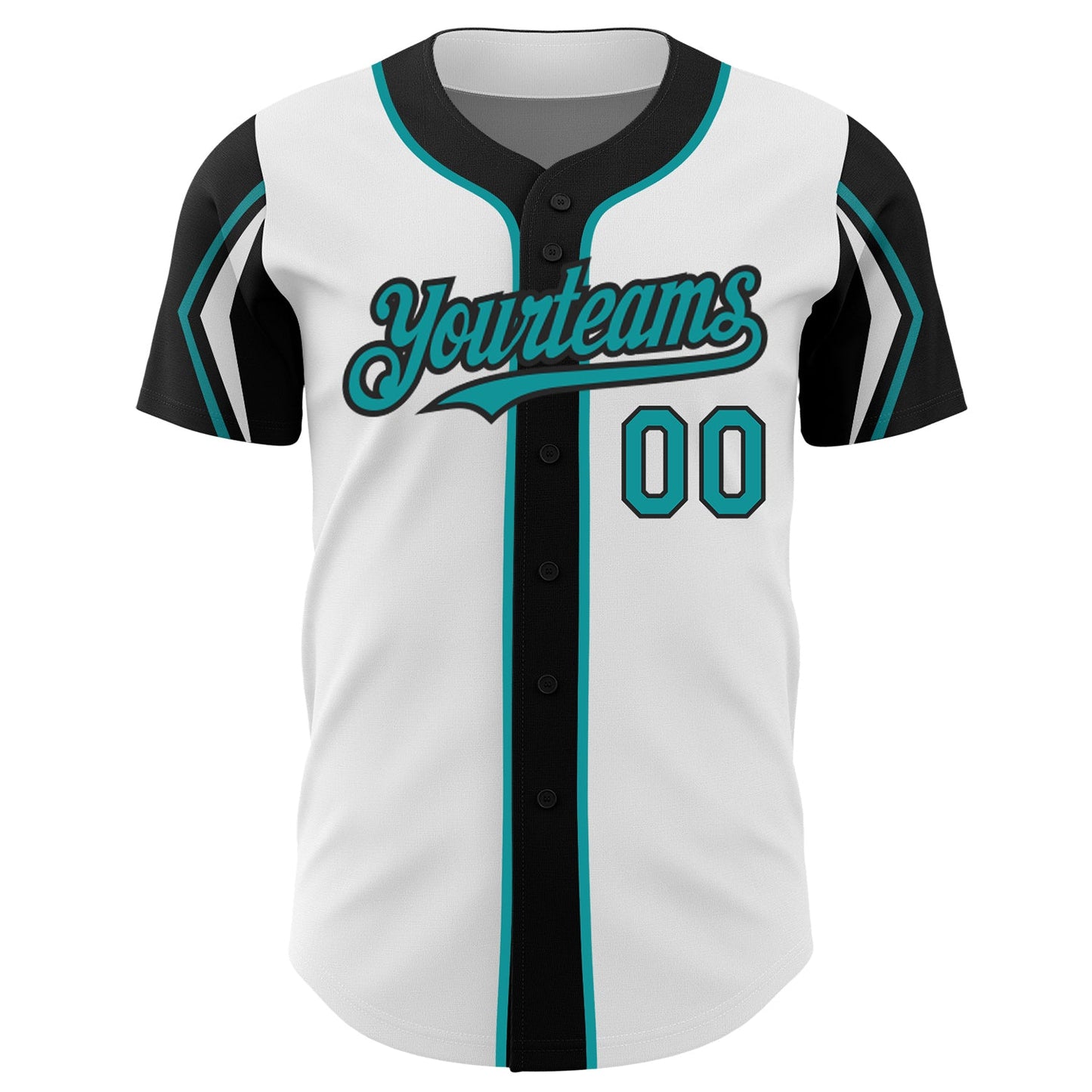 Custom White Teal-Black 3 Colors Arm Shapes Authentic Baseball Jersey view 3