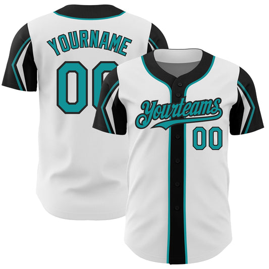 Custom White Teal-Black 3 Colors Arm Shapes Authentic Baseball Jersey - Main View