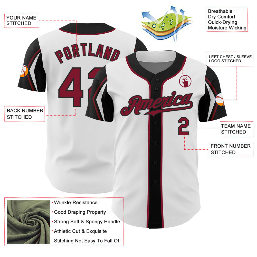 Custom White Crimson-Black 3 Colors Arm Shapes Authentic Baseball Jersey view 4