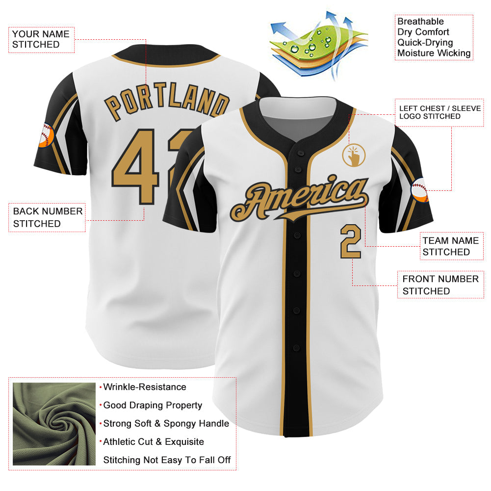 Custom White Old Gold-Black 3 Colors Arm Shapes Authentic Baseball Jersey view 4