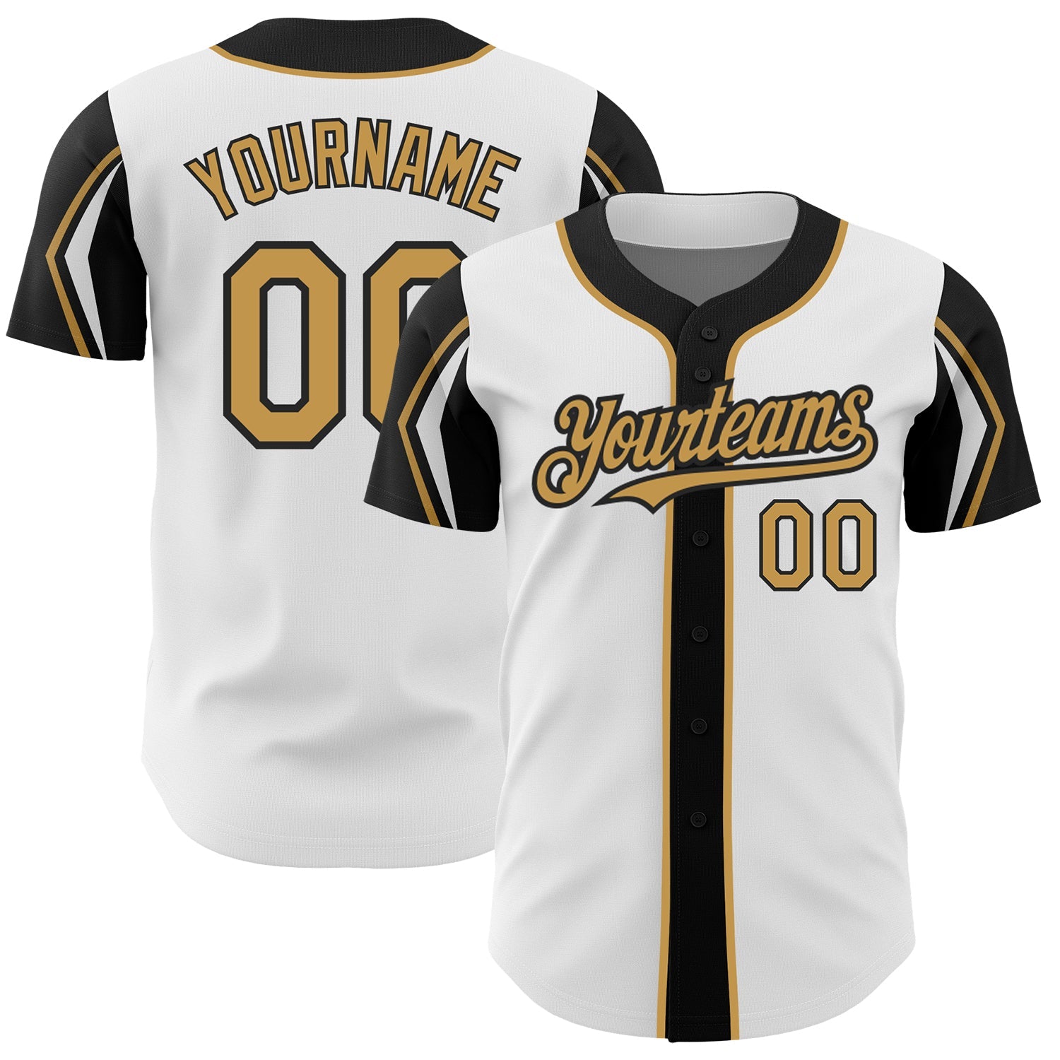 Custom White Old Gold-Black 3 Colors Arm Shapes Authentic Baseball Jersey - Main View