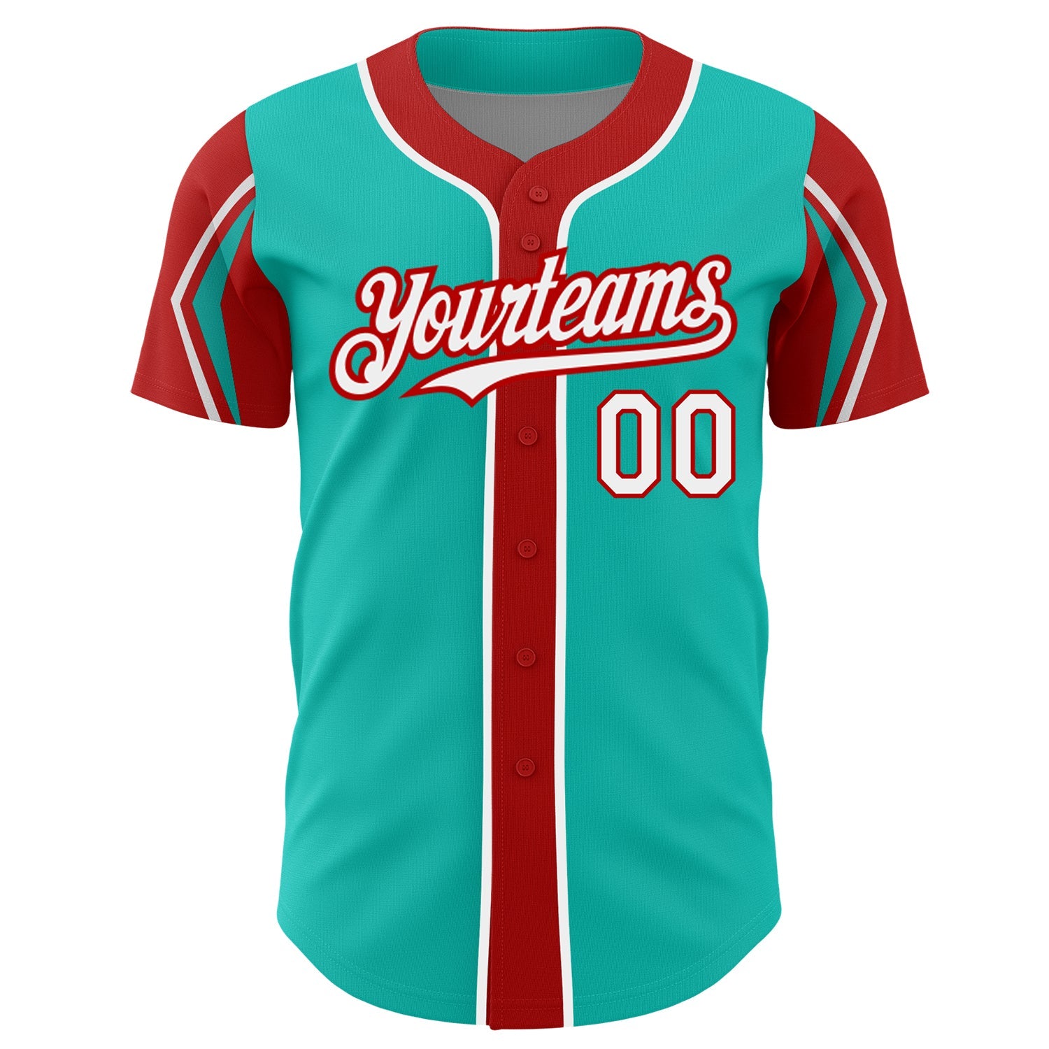 Custom Aqua White-Red 3 Colors Arm Shapes Authentic Baseball Jersey view 3