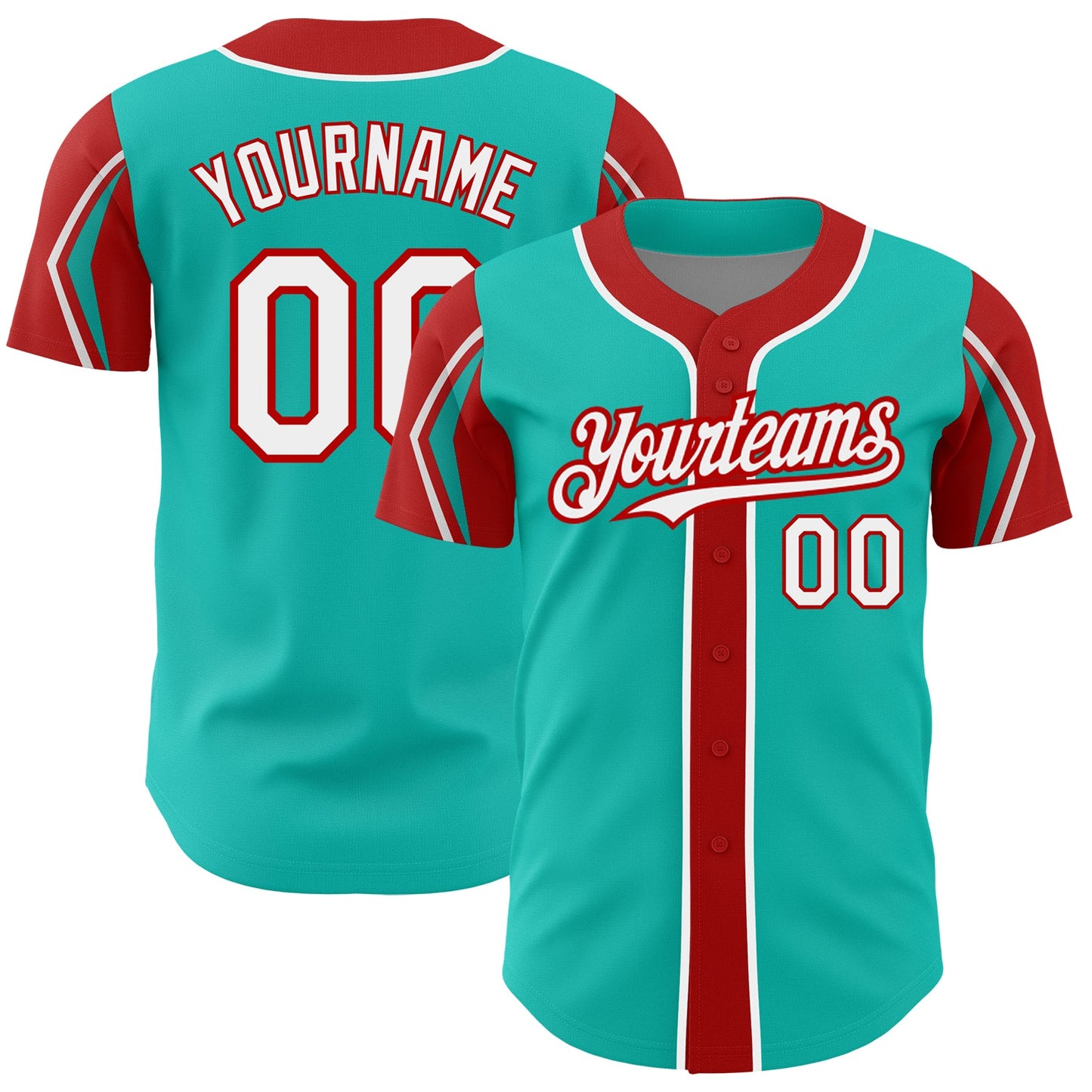 Custom Aqua White-Red 3 Colors Arm Shapes Authentic Baseball Jersey - Main View