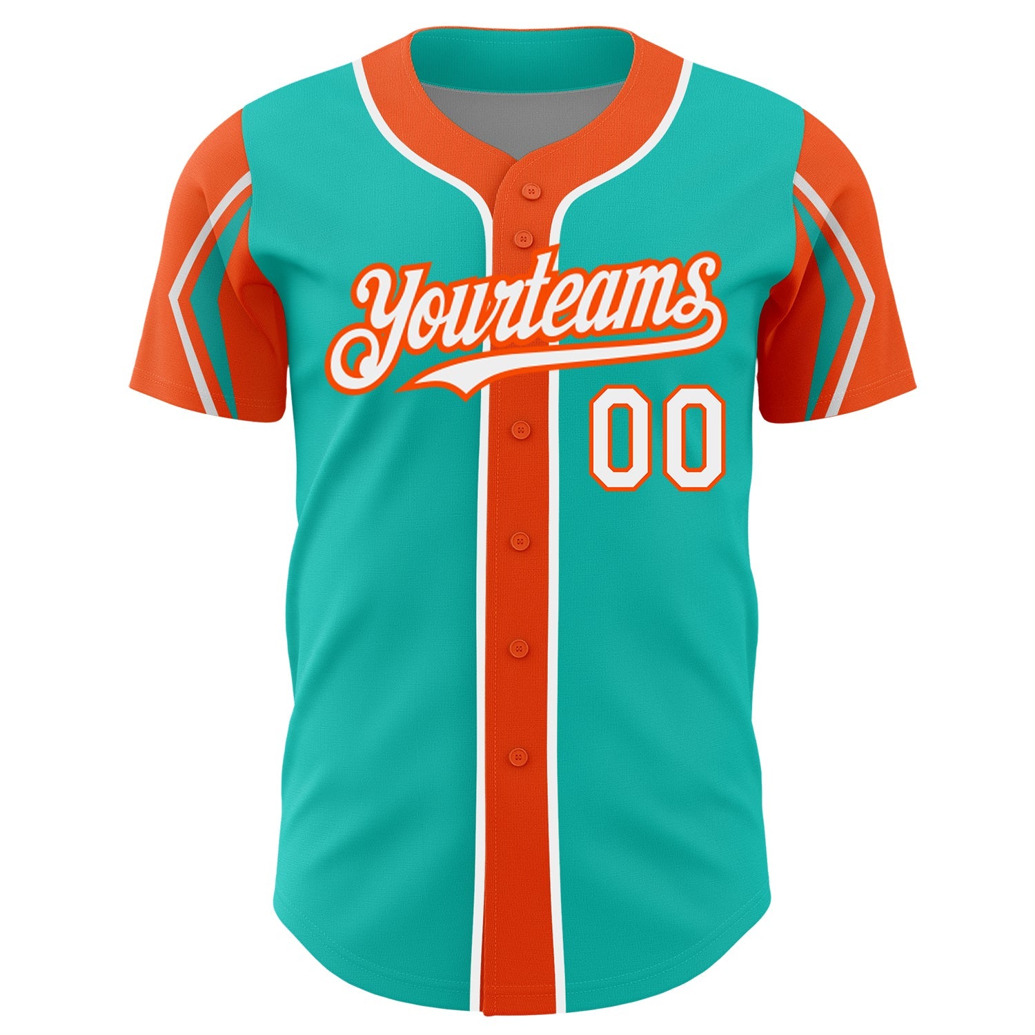 Custom Aqua White-Orange 3 Colors Arm Shapes Authentic Baseball Jersey view 3