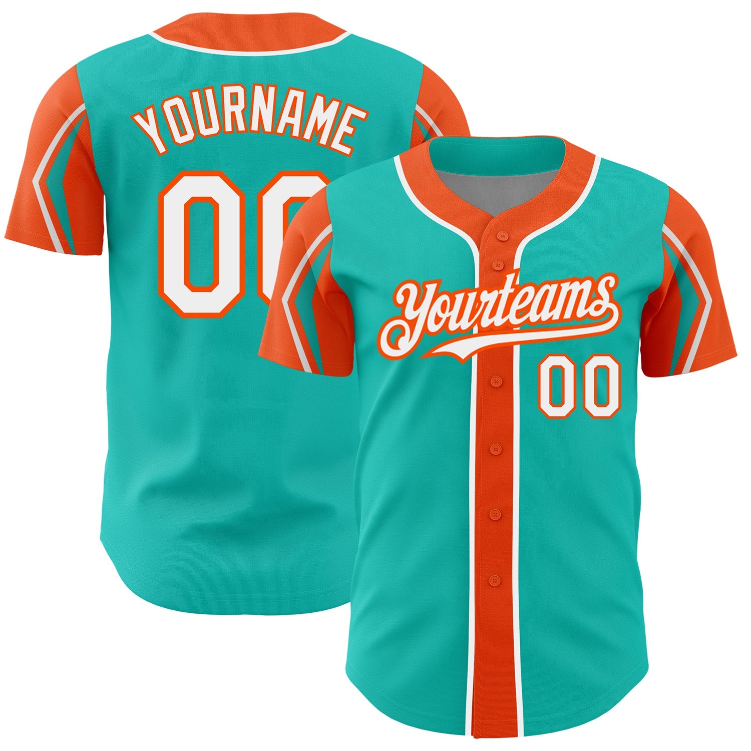 Custom Aqua White-Orange 3 Colors Arm Shapes Authentic Baseball Jersey - Main View