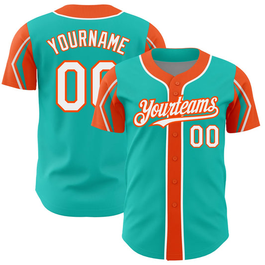 Custom Aqua White-Orange 3 Colors Arm Shapes Authentic Baseball Jersey - Main View