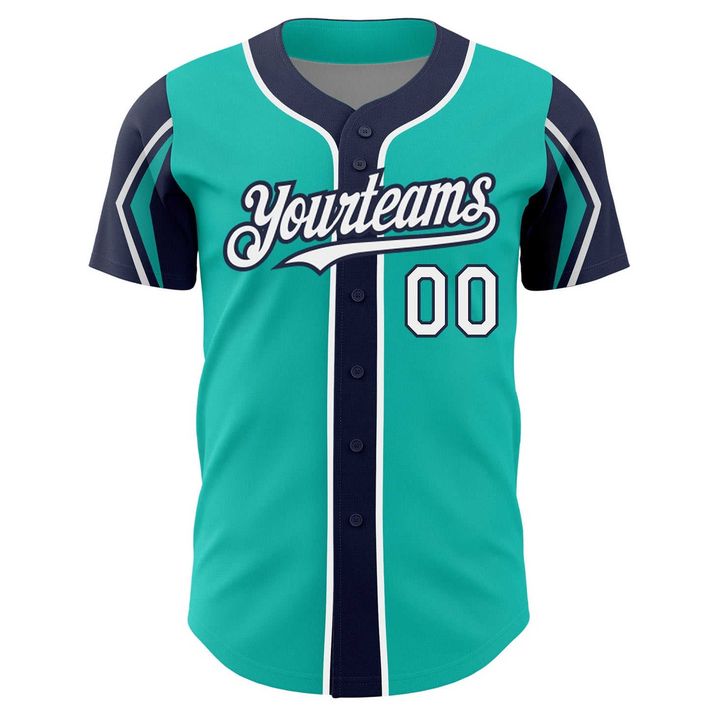 Custom Aqua White-Navy 3 Colors Arm Shapes Authentic Baseball Jersey view 3