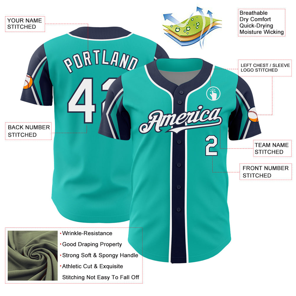 Custom Aqua White-Navy 3 Colors Arm Shapes Authentic Baseball Jersey view 4