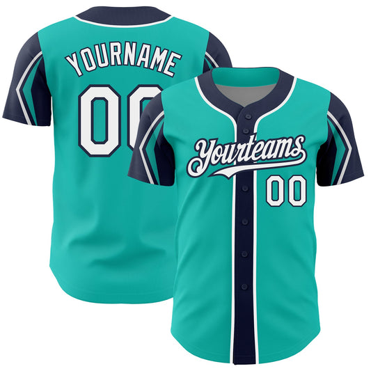 Custom Aqua White-Navy 3 Colors Arm Shapes Authentic Baseball Jersey - Main View