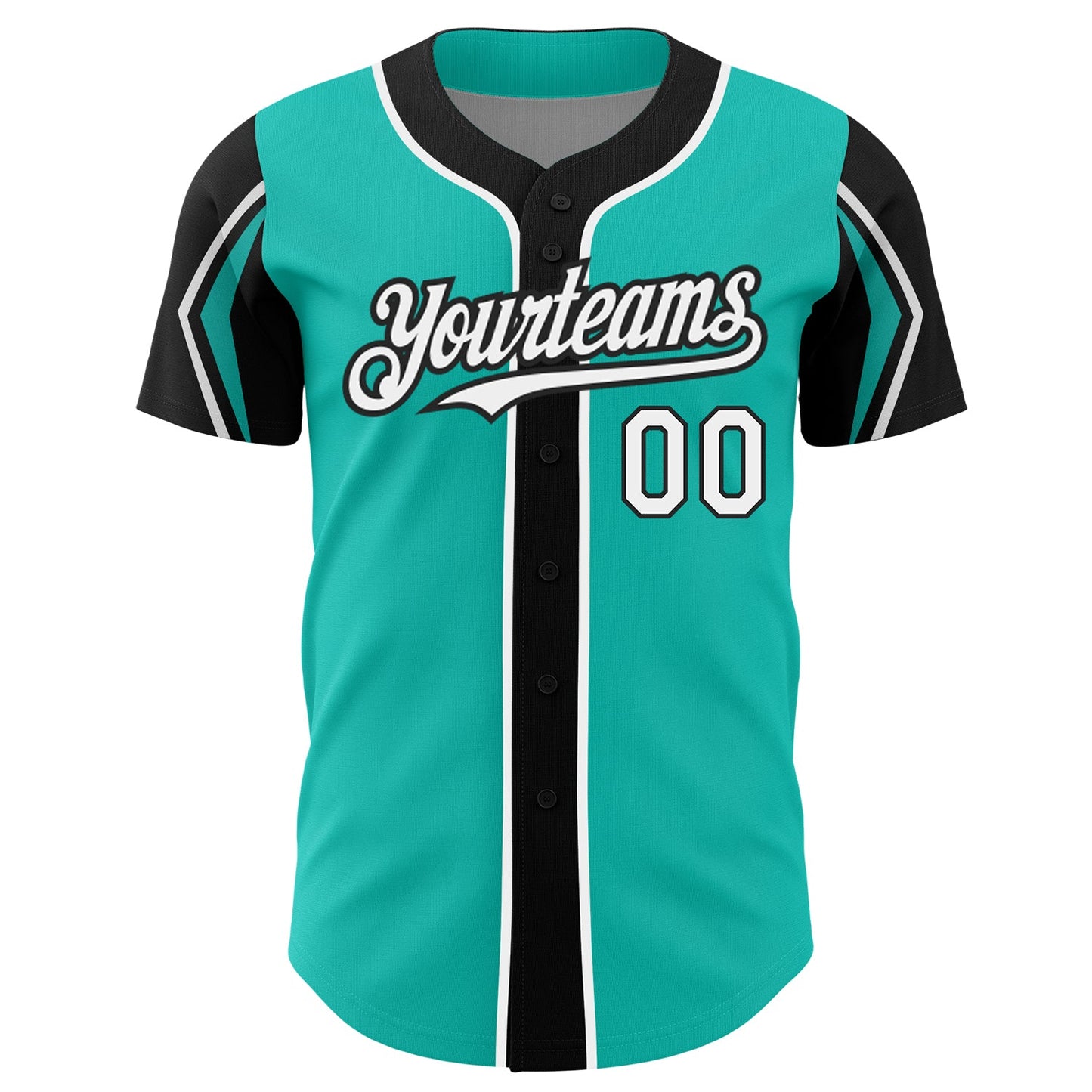 Custom Aqua White-Black 3 Colors Arm Shapes Authentic Baseball Jersey view 3