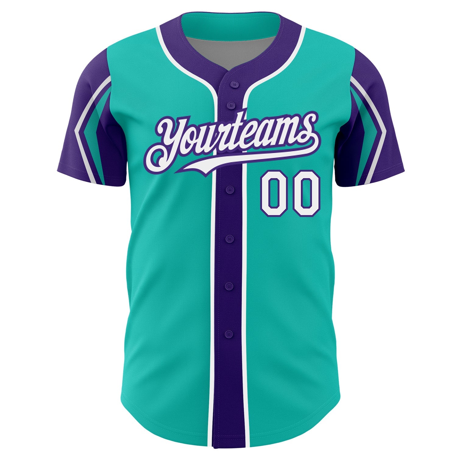 Custom Aqua White-Purple 3 Colors Arm Shapes Authentic Baseball Jersey view 3