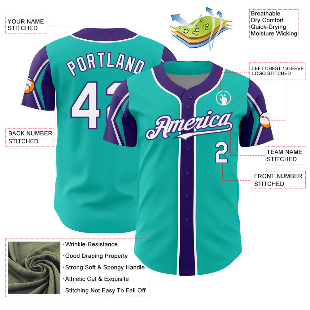 Custom Aqua White-Purple 3 Colors Arm Shapes Authentic Baseball Jersey view 4