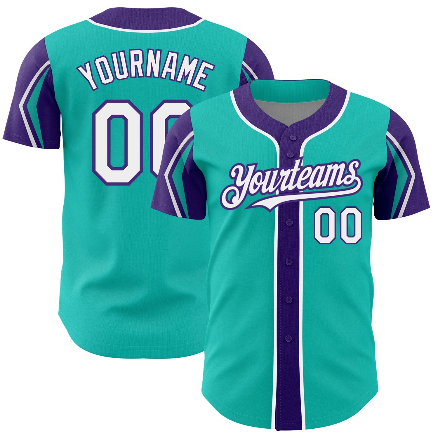 Custom Aqua White-Purple 3 Colors Arm Shapes Authentic Baseball Jersey - Main View