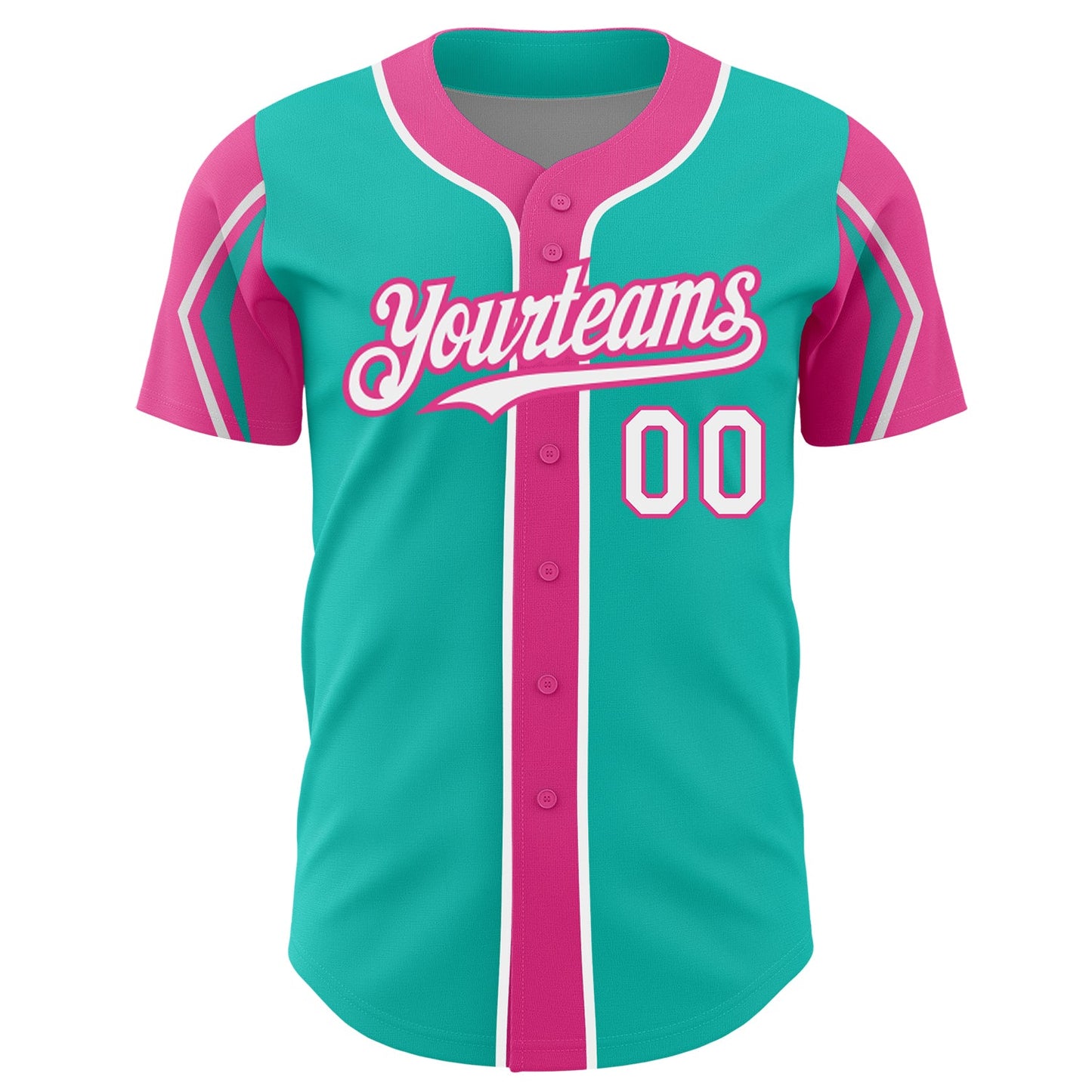 Custom Aqua White-Pink 3 Colors Arm Shapes Authentic Baseball Jersey view 3