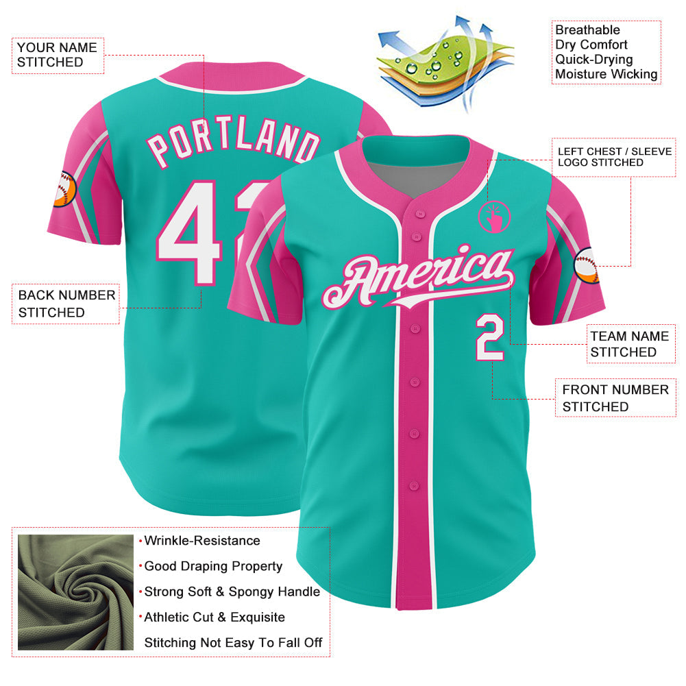Custom Aqua White-Pink 3 Colors Arm Shapes Authentic Baseball Jersey view 4