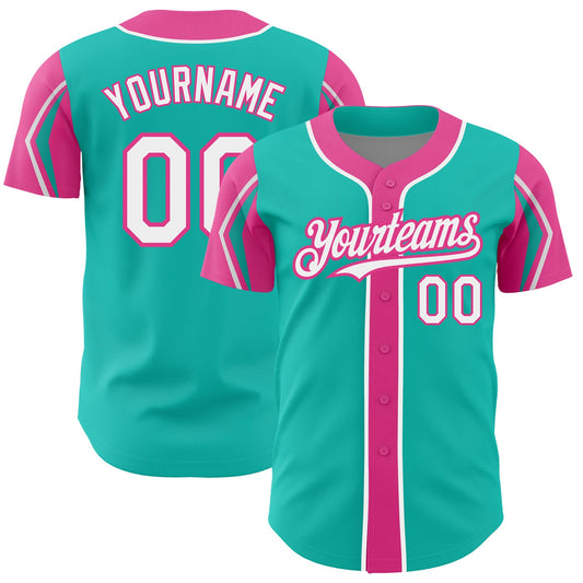 Custom Aqua White-Pink 3 Colors Arm Shapes Authentic Baseball Jersey - Main View