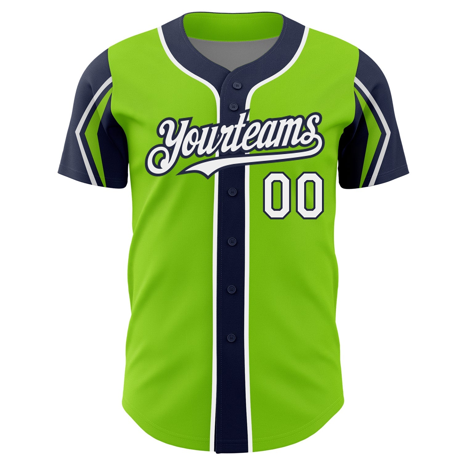 Custom Neon Green White-Navy 3 Colors Arm Shapes Authentic Baseball Jersey view 3