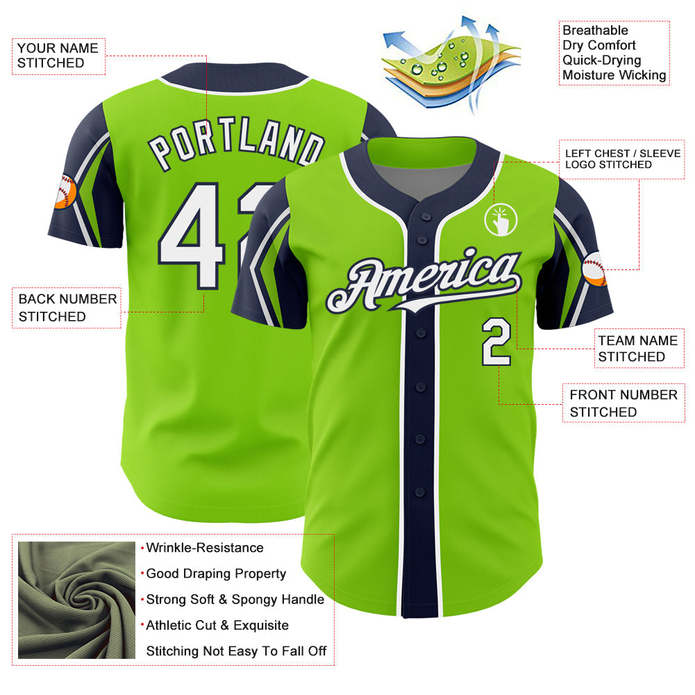 Custom Neon Green White-Navy 3 Colors Arm Shapes Authentic Baseball Jersey view 4