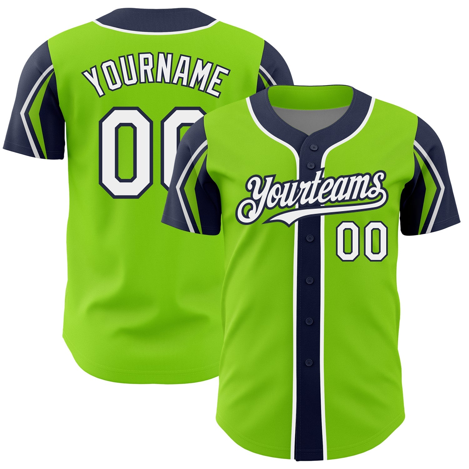 Custom Neon Green White-Navy 3 Colors Arm Shapes Authentic Baseball Jersey - Main View