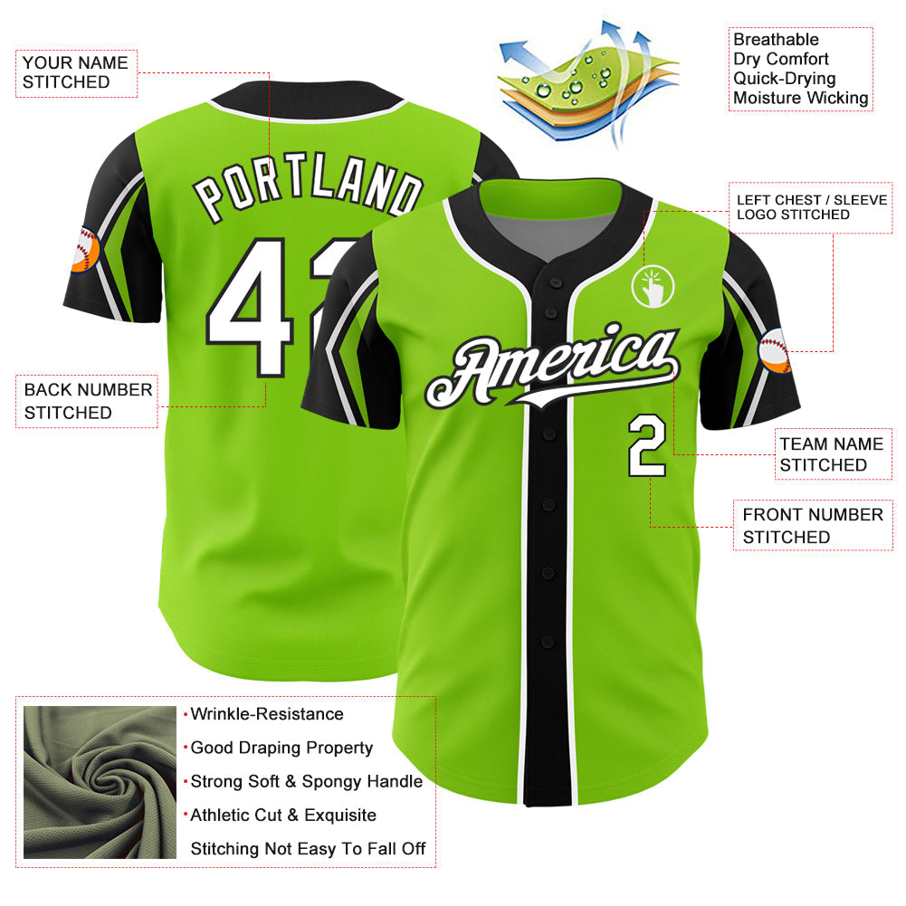 Custom Neon Green White-Black 3 Colors Arm Shapes Authentic Baseball Jersey view 4