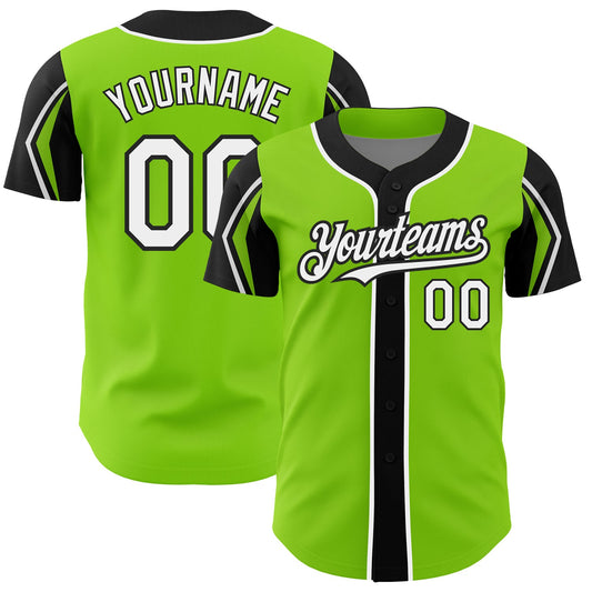 Custom Neon Green White-Black 3 Colors Arm Shapes Authentic Baseball Jersey - Main View
