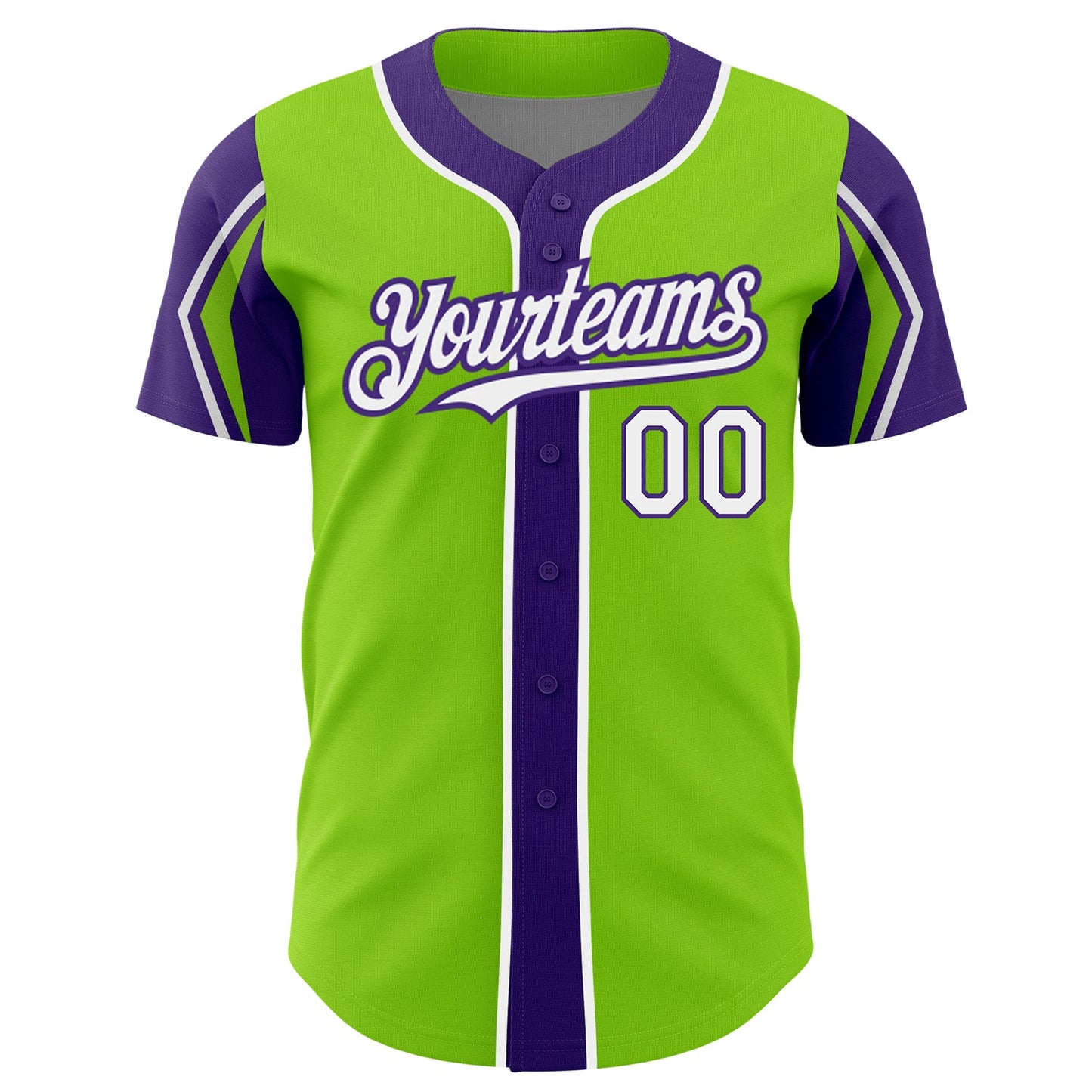 Custom Neon Green White-Purple 3 Colors Arm Shapes Authentic Baseball Jersey view 3