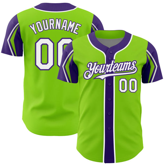 Custom Neon Green White-Purple 3 Colors Arm Shapes Authentic Baseball Jersey - Main View