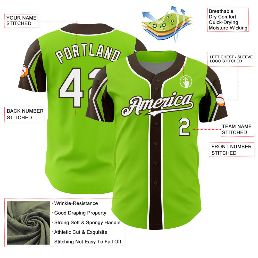 Custom Neon Green White-Brown 3 Colors Arm Shapes Authentic Baseball Jersey view 4