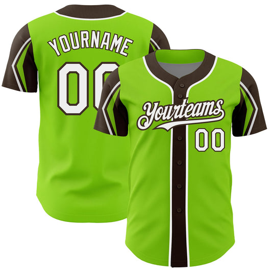 Custom Neon Green White-Brown 3 Colors Arm Shapes Authentic Baseball Jersey - Main View