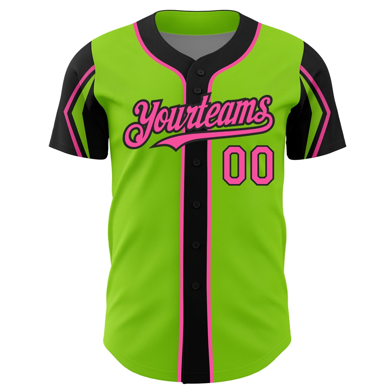 Custom Neon Green Pink-Black 3 Colors Arm Shapes Authentic Baseball Jersey view 3