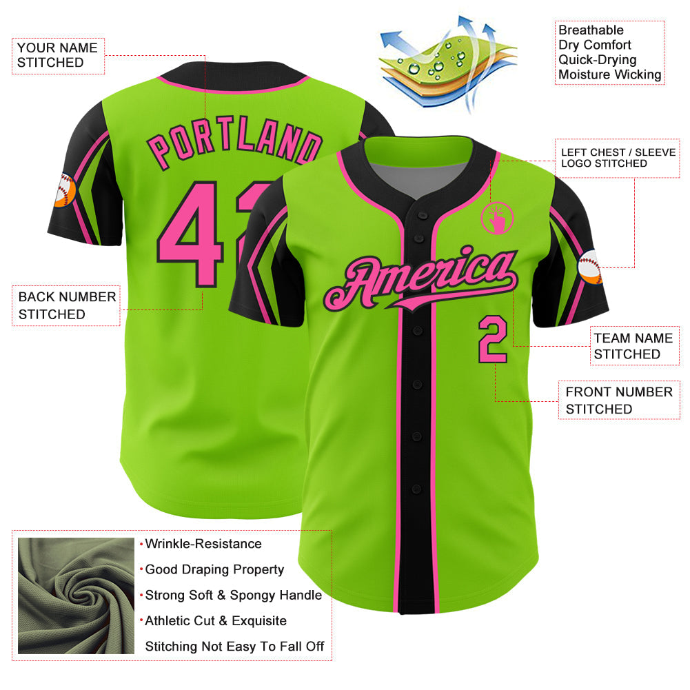 Custom Neon Green Pink-Black 3 Colors Arm Shapes Authentic Baseball Jersey view 4