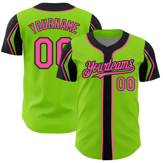 Custom Neon Green Pink-Black 3 Colors Arm Shapes Authentic Baseball Jersey - Main View
