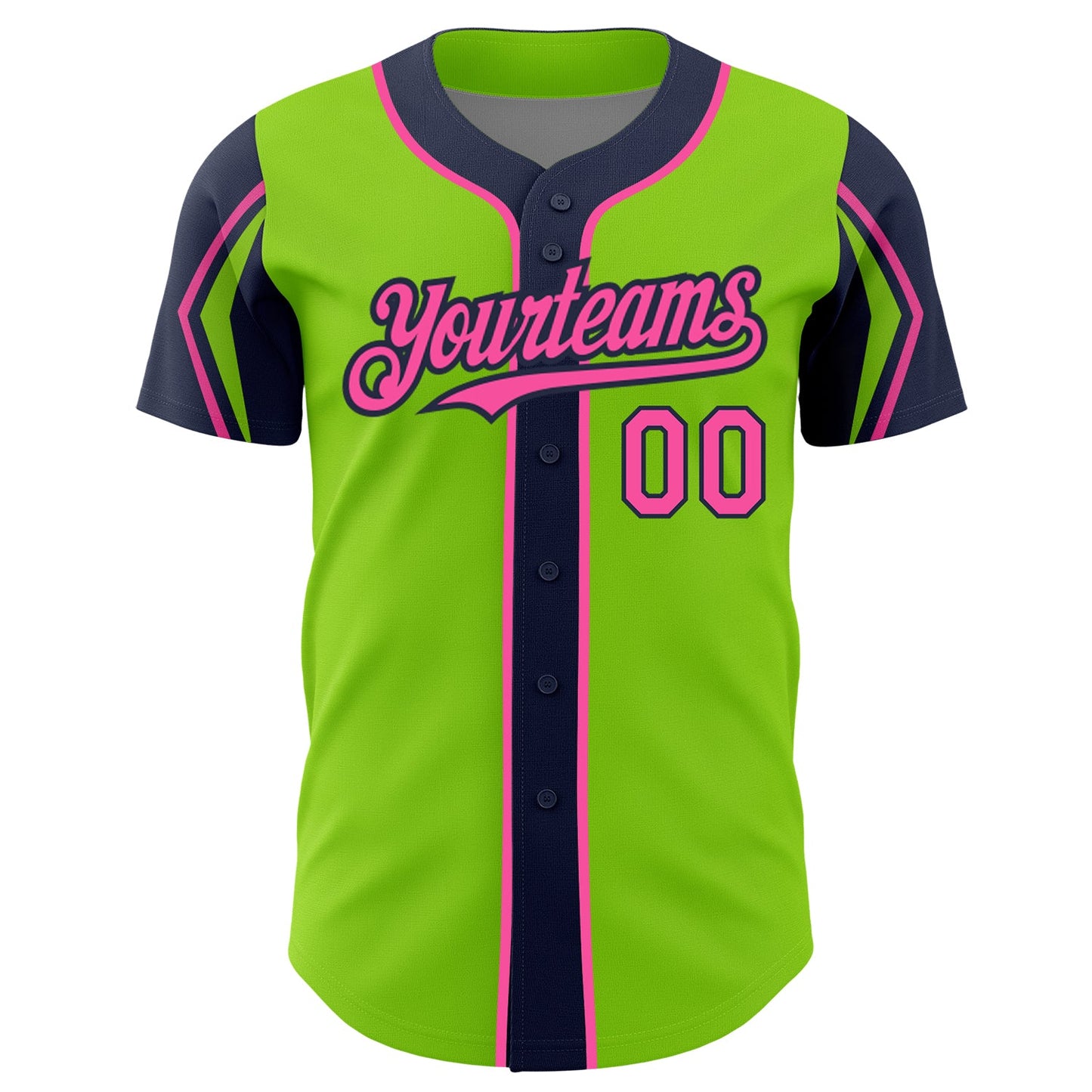 Custom Neon Green Pink-Navy 3 Colors Arm Shapes Authentic Baseball Jersey view 3