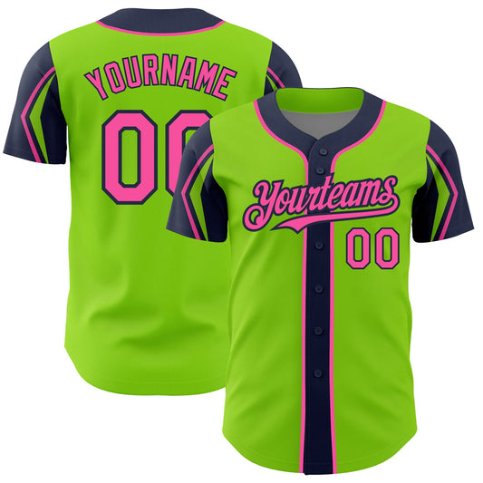 Custom Neon Green Pink-Navy 3 Colors Arm Shapes Authentic Baseball Jersey - Main View
