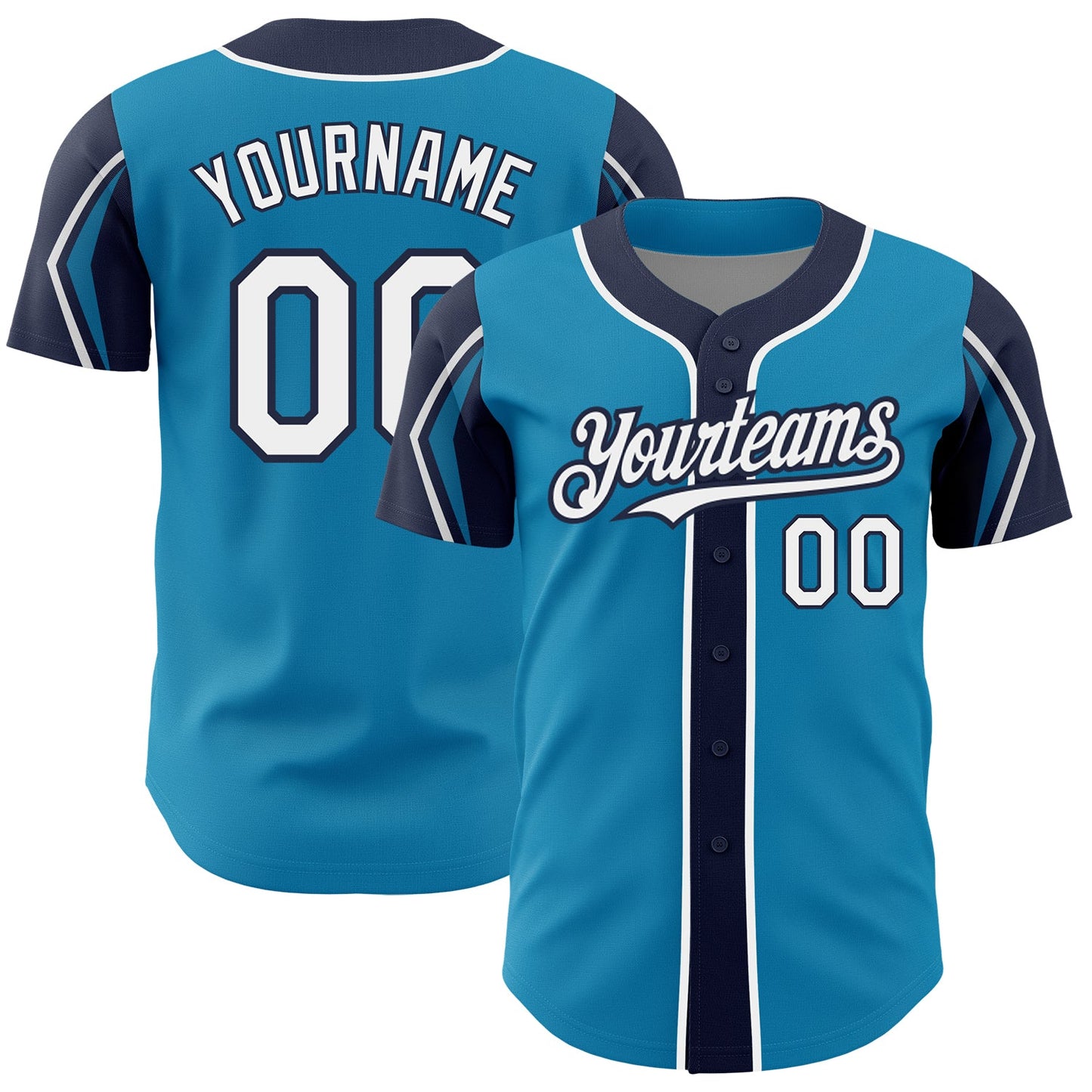Custom Panther Blue White-Navy 3 Colors Arm Shapes Authentic Baseball Jersey - Main View