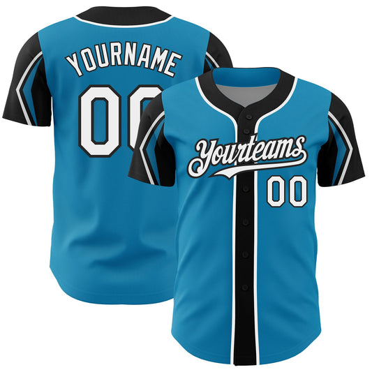 Custom Panther Blue White-Black 3 Colors Arm Shapes Authentic Baseball Jersey - Main View