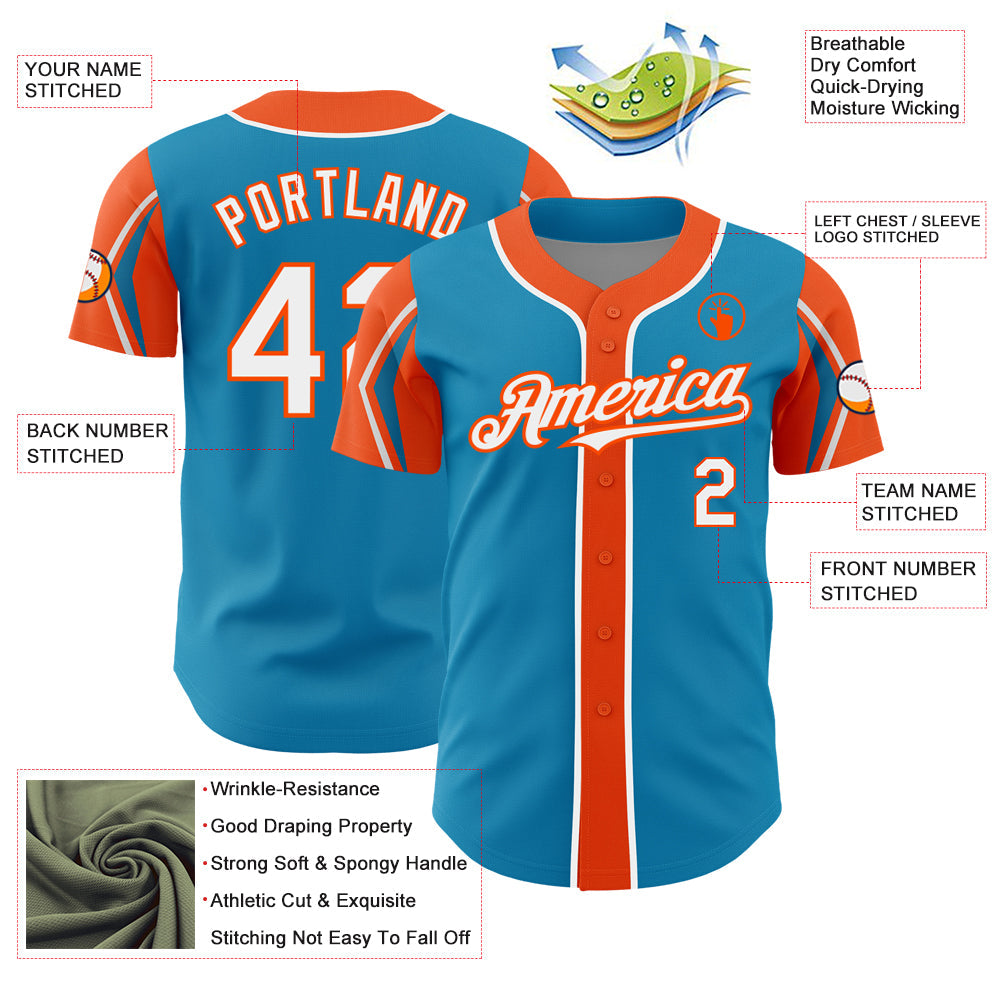 Custom Panther Blue White-Orange 3 Colors Arm Shapes Authentic Baseball Jersey view 4