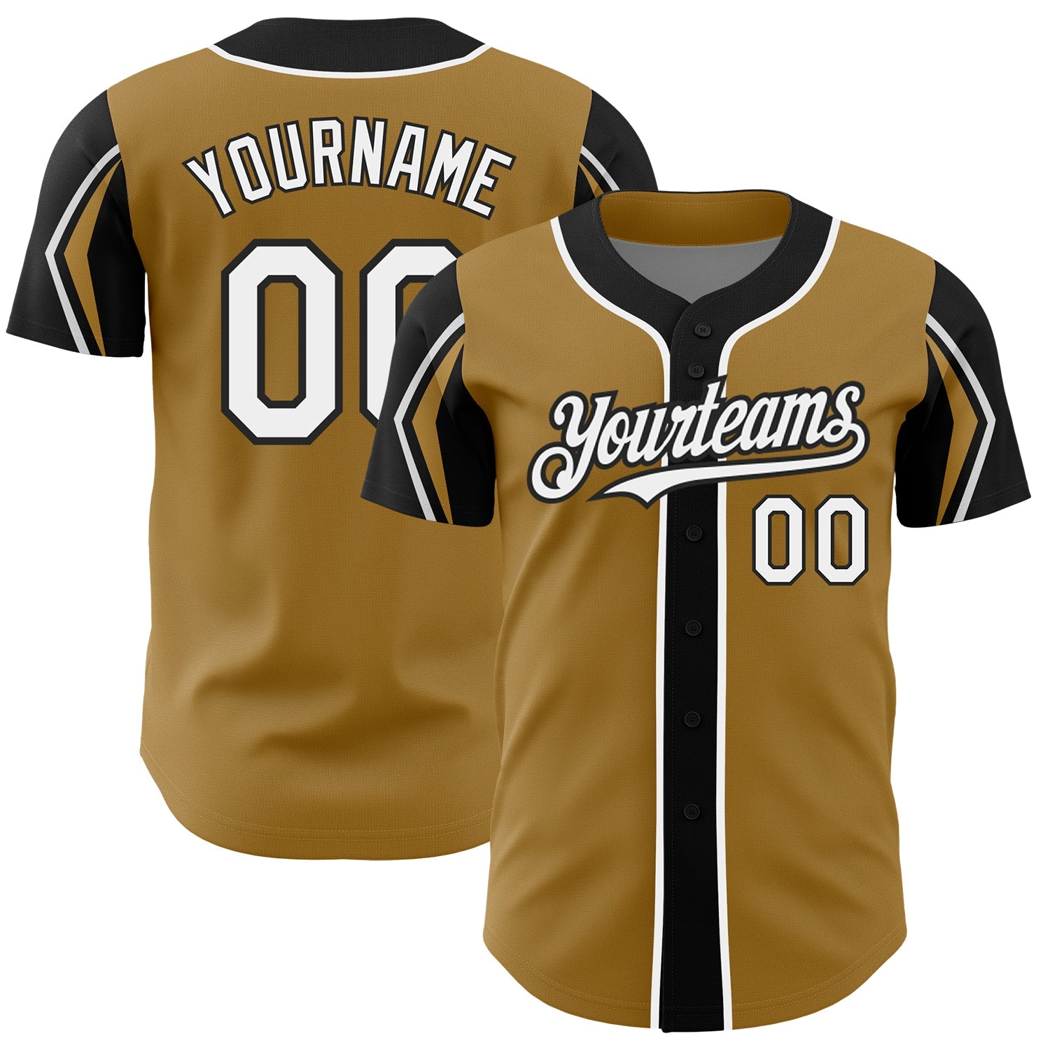 Custom Old Gold White-Black 3 Colors Arm Shapes Authentic Baseball Jersey - Main View