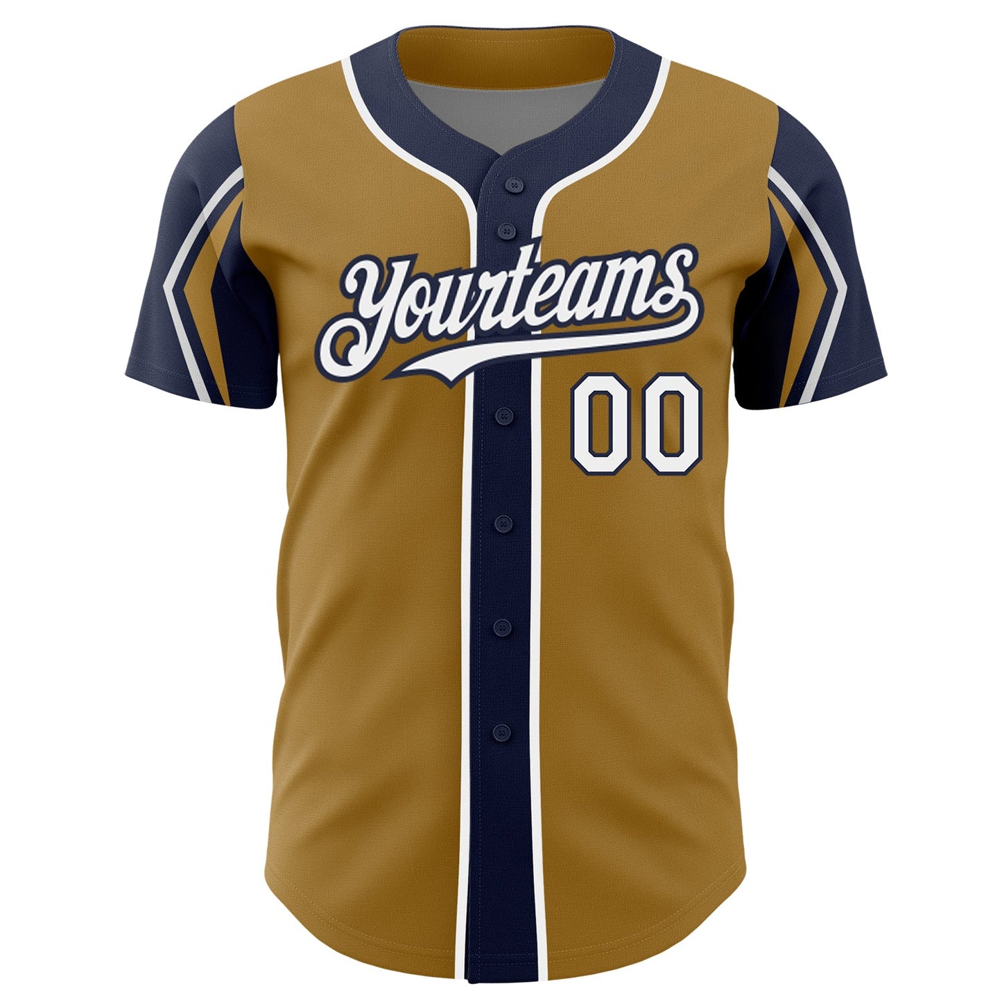 Custom Old Gold White-Navy 3 Colors Arm Shapes Authentic Baseball Jersey view 3