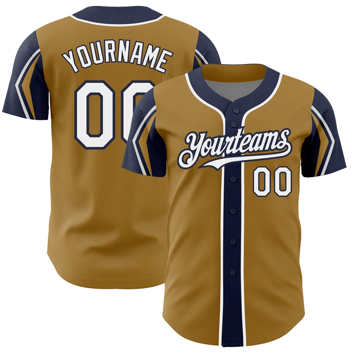 Custom Old Gold White-Navy 3 Colors Arm Shapes Authentic Baseball Jersey - Main View