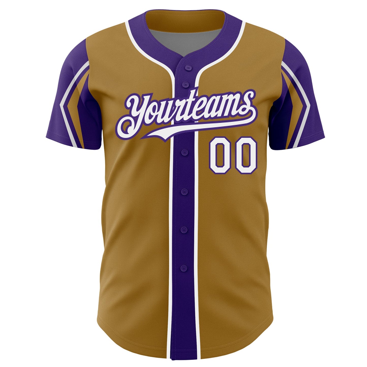 Custom Old Gold White-Purple 3 Colors Arm Shapes Authentic Baseball Jersey view 3