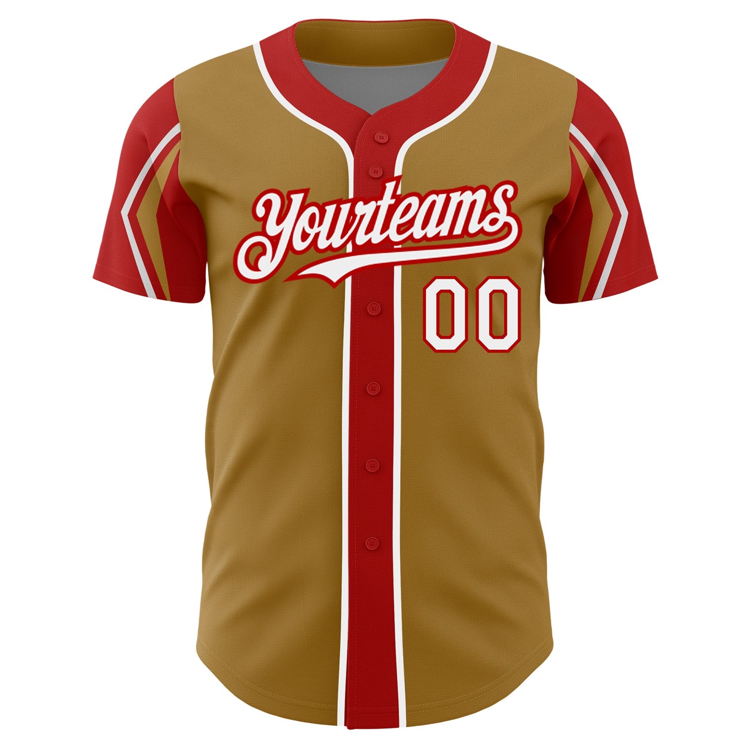 Custom Old Gold White-Red 3 Colors Arm Shapes Authentic Baseball Jersey view 3